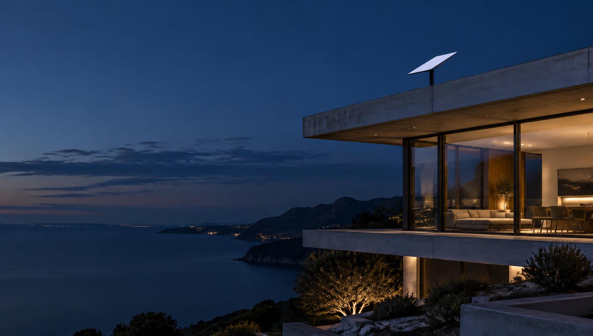 Satellite dish on the roof of a modern coastal home at dusk